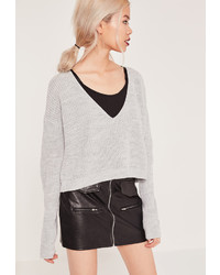 Missguided Grey V Neck Slouchy Cropped Sweater