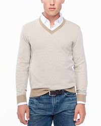 Neiman Marcus Birdseye V Neck Sweater Sand