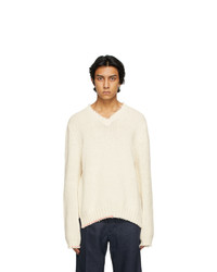 Maison Margiela Off White Distressed V Neck Sweater