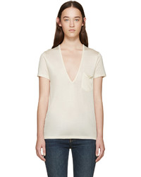 Saint Laurent Cream Silk V Neck T Shirt
