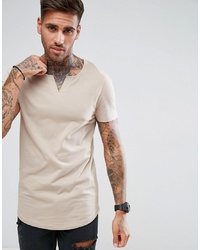 ASOS DESIGN Longline Muscle Fit T Shirt With Notch Neck And Curved Hem In Beige