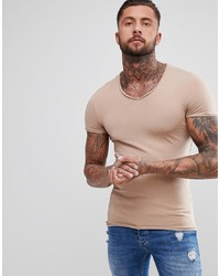 ASOS DESIGN Muscle Fit T Shirt With Raw Edge Rounded V Neck In Beige