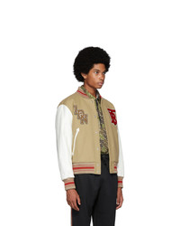 Burberry Beige And White Wool And Leather Padfield Bomber Jacket