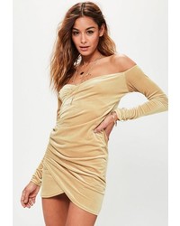 Missguided Nude Bardot Wrap Long Sleeve Velvet Dress
