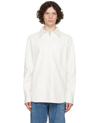 Beige Vertical Striped Leather Long Sleeve Shirt
