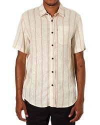 Beige Vertical Striped Linen Short Sleeve Shirt