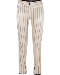 Beige Vertical Striped Satin Skinny Pants