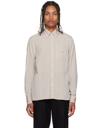 Beige Vertical Striped Seersucker Long Sleeve Shirt