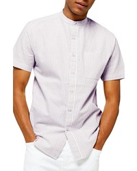 Topman Grandad Oxford Stripe Slim Fit Short Sleeve Button Up Shirt