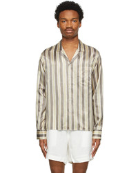 Beige Vertical Striped Silk Long Sleeve Shirt