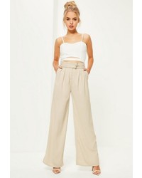 Missguided Nude Double Belt Crepe Wide Leg Trousers