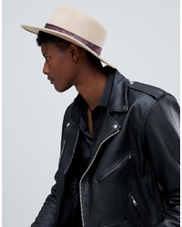 ASOS DESIGN Wide Brim Pork Pie Hat In Camel With Paisley Band