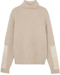 Victoria Beckham Satin Paneled Ribbed Wool Turtleneck Sweater Ecru