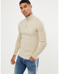 ASOS DESIGN Muscle Fit Ribbed Half Zip Jumper In Oatmeal
