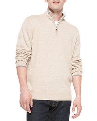 Neiman Marcus Cashmere 14 Zip Pullover Sweater Beige