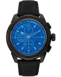 Nautica Chronograph Black Leather Strap Watch 48mm Nad21504g