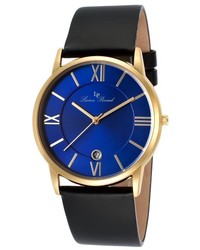 Lucien Piccard Moiry Black Genuine Leather Blue Dial Gold Tone Case