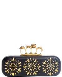Alexander McQueen Black And Gold Leather Embellished Skull Finger Ring Handle Clutch