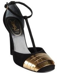 Yves Saint Laurent Black Suede And Gold Banded Toe T Straps