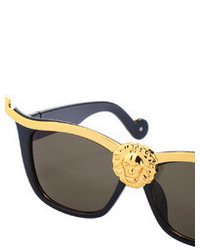 Gold Lion Head Embellished Black Sunglasses