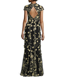 Alice + Olivia Cap Sleeve Floral Embroidered Gown Blackgold