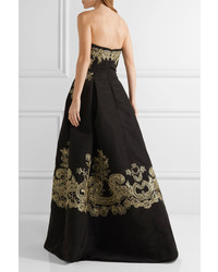 Oscar de la Renta Embroidered Silk Faille Strapless Gown Black