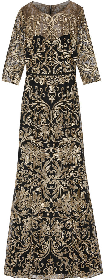 marchesa notte black and gold dress