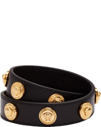 Versace Black Leather Double Wrap Gold Medusa Stud Bracelet