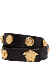 Versace Black Leather Double Wrap Gold Medusa Stud Bracelet