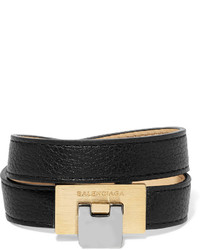 Balenciaga Le Dix Textured Leather Ilver And Gold Tone Bracelet Black