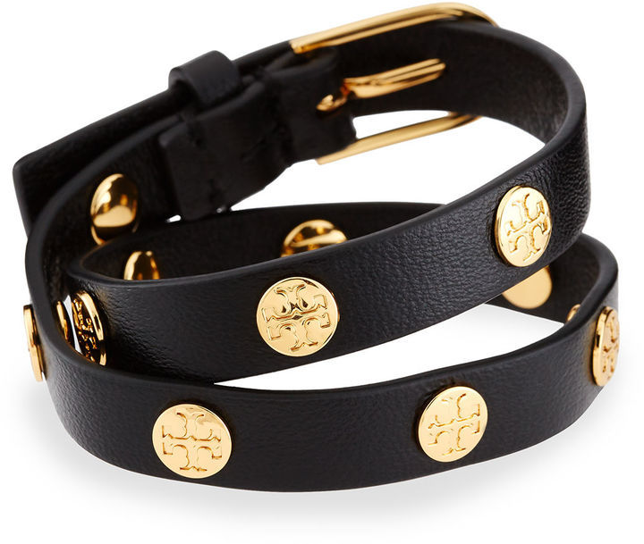 Tory Burch Leather Logo Stud Double Wrap Bracelet, $128 | Neiman Marcus |  Lookastic