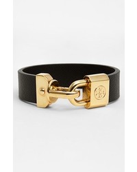 Tory Burch Basics Logo Leather Bracelet Black Gold
