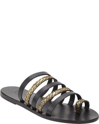 Black and Gold Leather Flat Sandals