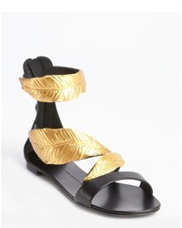 Giuseppe Zanotti Black And Gold Leafy Anklestrap Flat Sandals