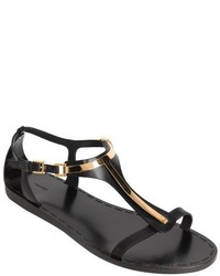 Tom Ford Black Leather And Gold Metal T Strap Sandals
