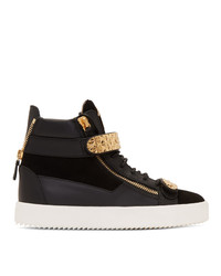 Black and Gold Leather High Top Sneakers