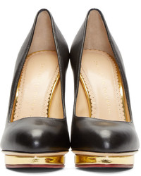 Charlotte Olympia Black Gold Leather Dotty Pumps