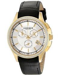 Akribos XXIV Ak615yg Grandiose Crystal Swiss Chronograph Gold Tone Stainless Steel Black Leather Strap Watch
