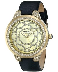 Badgley Mischka Ba1330chbk Swarovski Crystal Accented Gold Tone And Black Leather Strap Watch