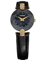 Jowissa J5007s Facet Strass Gold Pvd Diional Glass Black Leather Rhinestone Watch
