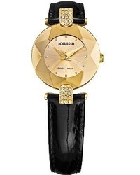 Jowissa J5009s Facet Strass Gold Pvd Diional Glass Black Leather Rhinestone Watch