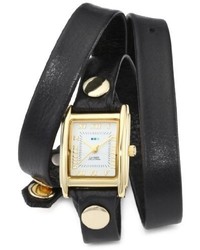 La Mer Collections Lmwtw1035 Gold Tone Watch With Black Leather Wrap Around Band