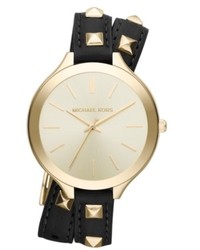Michael Kors Michl Kors Slim Runway Gold Tone Stainless Steel And Black Leather Double Wrap Strap Watch 42mm Mk2317