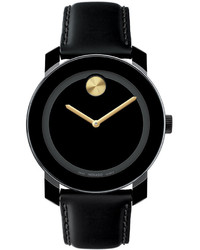 Movado Unisex Swiss Bold Large Gold Tone Accent Black Leather Strap Watch 42mm 3600046