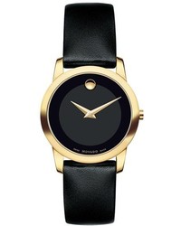Movado Museum Leather Strap Watch 28mm Black Gold
