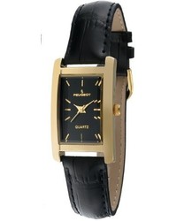 Peugeot Classy 14k Gold Plated H Rectangle Case Black Leather Band Dress Watch 3007bk
