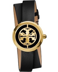 Tory Burch Reva Logo Dial Double Wrap Leather Strap Watch 28mm