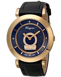 Salvatore Ferragamo Fq4190014 Minuetto Diamond Accented Gold Ion Plated Watch With Black Saffiano Leather Band