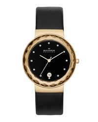 Skagen Faceted Bezel Leather Strap Watch 35mm Black Gold