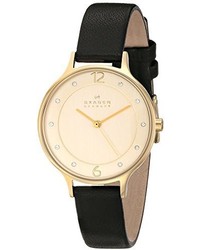 Skagen Skw2266 Anita Gold Tone Stainless Steel Watch With Black Leather Strap